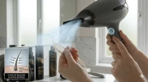 A close-up of a professional hairdryer's cool shot button, used to set hairstyles for fine hair in place.