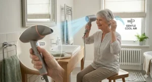 Close-up of the cool shot button on a hair dryer, used for providing a gentle flow of cool air on delicate or thinning hair.