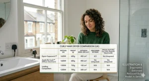 Alt text for image 8: A comparison chart showing specifications and features of top-rated hair dryers for curly hair available on the UK market.