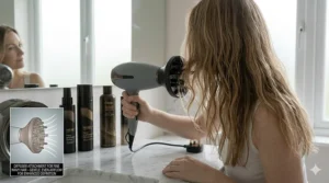 Illustration of a diffuser attachment on a professional hairdryer to enhance natural waves in fine hair.