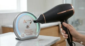 An energy-efficient powerful hair dryer shown with a British A-rated energy meter to highlight low electricity consumption.