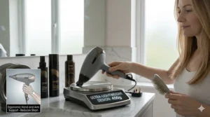 Graphic showing a lightweight, ergonomic professional hairdryer designed for comfortable home styling.