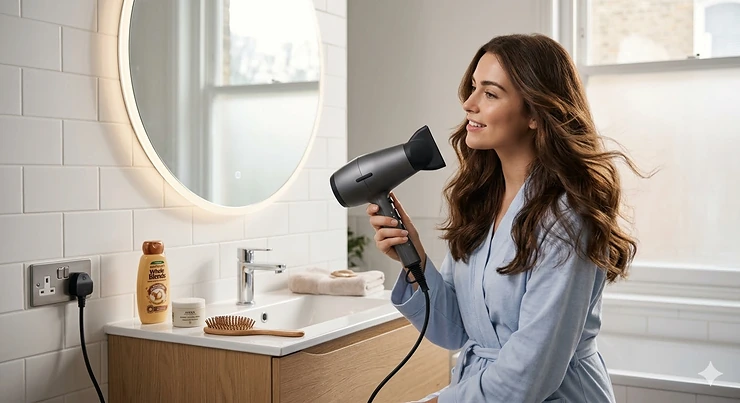 A professional fast drying hair dryer being used on long thick hair in a modern British bathroom with soft natural daylight. fast drying hair dryer thick hair