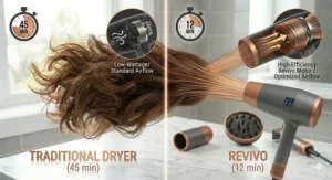A comparison infographic showing reduced drying time for thick hair using a high-wattage affordable hair dryer.