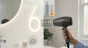 An infographic chart visualisation on a bathroom mirror comparing standard drying times against the speed of a fast drying hair dryer for thick hair.