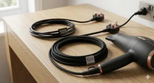 A side-by-side comparison diagram showing a standard 1.8-metre cable next to a much longer 3.5-metre professional hair dryer lead.