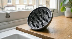 Alt text for image 2: Close-up of a bowl-shaped hair dryer diffuser attachment designed to distribute airflow evenly and gently for curly hair.