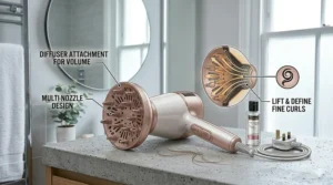 A hairdryer with a large diffuser attachment resting on a stone countertop next to a UK 3-pin plug, showing how to lift and define fine curls.