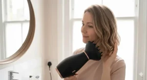 A diffuser attachment on a low heat dryer being used to gently dry fine, wavy hair without causing tangles.