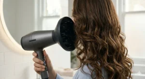 A close-up view of a large circular diffuser attachment with deep fingers defining natural curls on thick wavy brunette hair in a modern bathroom.