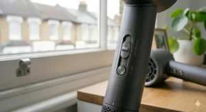 Alt text for image 3: Detailed view of the low and medium heat settings on a hair dryer handle, ideal for protecting curly hair from heat damage.