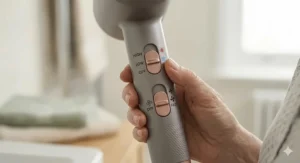 Close-up of a hair dryer featuring large tactile sliding switches and high-contrast labels for easy visibility and control.
