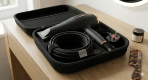 A matte black hair dryer with its long power cable neatly coiled and secured with a built-in cable tidy strap inside a premium travel case.