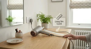 A hair dryer on a dressing table showing a long 3-metre power cable for improved mobility and reach in a British bedroom.