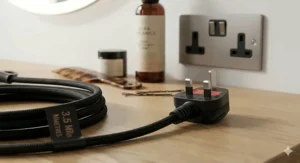 A detailed close-up of a high-performance hair dryer power cable featuring a standard UK 3-pin fused plug.