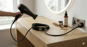 A demonstration of a hair dryer with an extra-long lead easily reaching from a wall power socket to a dressing table across a room.