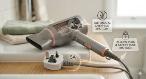 Diagram of a hair dryer with an automatic safety cut-off feature and a standard UK 3-pin plug with a safety fuse.