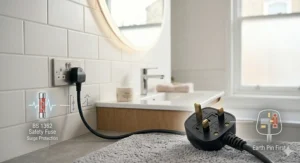 A detailed close-up of a UK three-pin plug and heavy-duty cable highlighting the BS 1362 safety fuse and surge protection features.