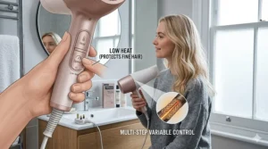 A detailed close-up of a hairdryer handle showing the variable heat and speed settings, with a diagram explaining how low heat protects fine hair from damage.