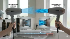 A comparison chart showing the gentle airflow of a professional hairdryer versus high-heat models for fine hair types.