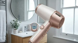 A close-up of a rose gold hairdryer highlighting the cool shot button used to set styles for fine hair, set against a bright UK bathroom.
