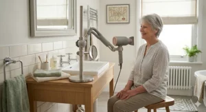 An adjustable hands-free hair dryer stand positioned over a vanity, allowing a senior woman to dry her hair without holding the device.