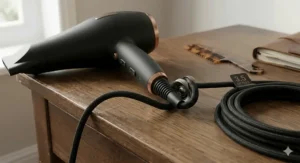 A high-detail shot of the 360-degree heavy-duty swivel joint where the long power lead connects to the hair dryer handle to prevent tangling.