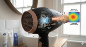 Graphic showing a thermal sensor that monitors airflow temperature to ensure a consistent low heat for fine hair.