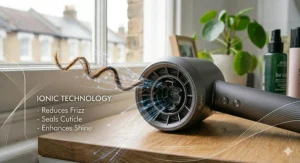 Alt text for image 4: Photorealistic diagram showing how ionic technology in a hair dryer reduces frizz and enhances shine on a single defined curl.