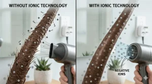 Illustration demonstrating how ionic technology in a fast hair dryer reduces frizz and adds shine to hair.