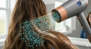 Visual representation of negative ions smoothing the hair cuticle to reduce frizz and static on thick, long hair.