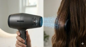 Photorealistic visualisation showing a stream of negative ions from a dark grey hair dryer smoothing a section of long thick wavy brunette hair to reduce frizz.