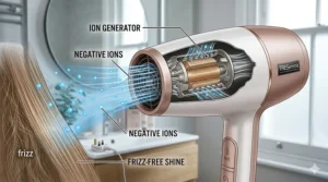 An educational illustration of a hairdryer's internal ion generator releasing negative ions to create a frizz-free shine on fine hair.