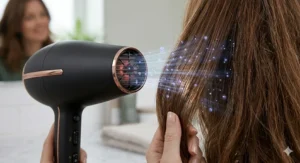 Illustration of ionic technology in a powerful hair dryer reducing frizz and static for a smooth and shiny finish on long hair.