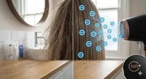 Diagram showing how ionic technology in a low heat hair dryer helps minimise frizz and static in humid UK weather.