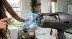 Illustration of ionic technology reducing static and frizz in thick hair during a 2000W blow-dry.