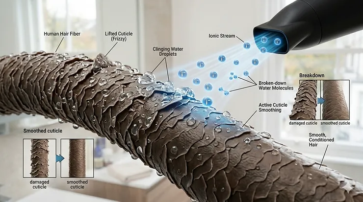 Diagram showing how negative ions break down water molecules for a smooth, shiny finish. hair dryer that doesn't cause frizz