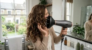A large diffuser attachment being used on thick curly hair to define curls without frizz.