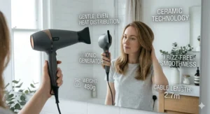 Graphic showing a lightweight 480g ceramic hair dryer with a 2.7m cable, designed for easy styling of fine hair.