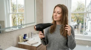 A lightweight, British-designed hair dryer being held comfortably during a home blow-dry.