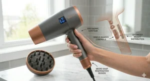 An illustration showing the lightweight, ergonomic handle of a hair dryer to prevent arm fatigue when drying heavy, thick hair.