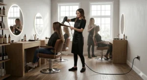 A professional stylist using a long-cord hair dryer to move freely around a client's chair in a modern British hair salon.