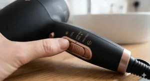 Close-up of hair dryer controls showing the cool shot and low heat settings ideal for protecting fine British hair.