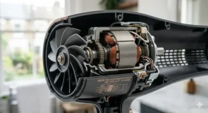 Close-up illustration of a powerful 2000W motor designed for fast drying of thick, heavy hair types.