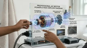 Illustration of a professional-grade AC motor providing the high airflow needed for drying thick hair quickly.