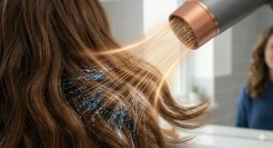 Close-up illustration of a hair dryer motor showing concentrated airflow designed to penetrate thick hair layers quickly.