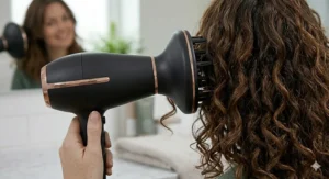 A powerful hair dryer with a large diffuser attachment being used to define and lift natural curls and waves during a blow-dry.