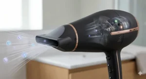 Close-up diagram showing the high-velocity airflow and internal motor of a powerful hair dryer designed for fast drying thick hair.