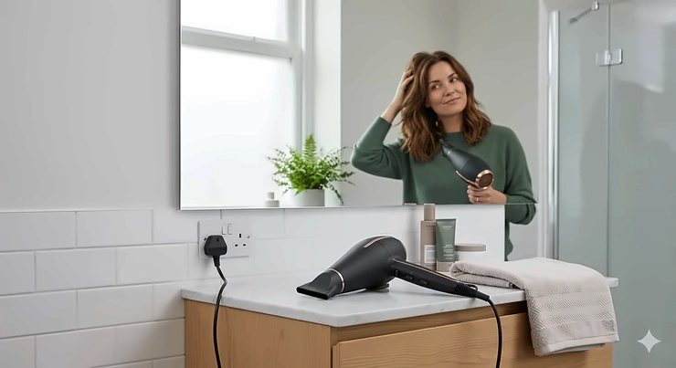 A professional-grade powerful hair dryer with a sleek matte finish and UK power plug, ideal for achieving a salon-quality blow-dry at home. powerful hair dryer