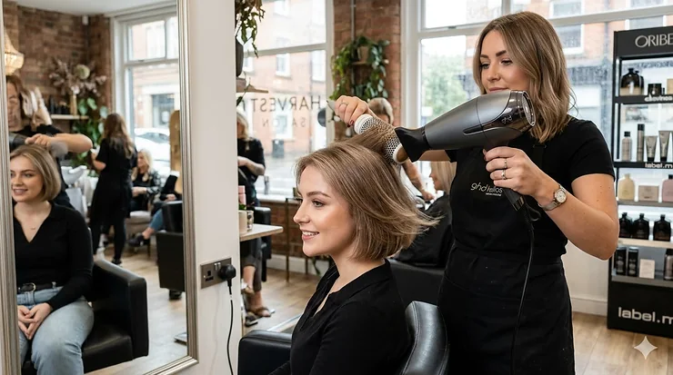 A professional hairdryer being used on a woman with fine hair in a British salon to create volume and shine. professional hair dryer fine hair